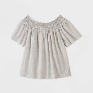 A New Day Gray & White Striped Off-Shoulder Smocked Top Small
